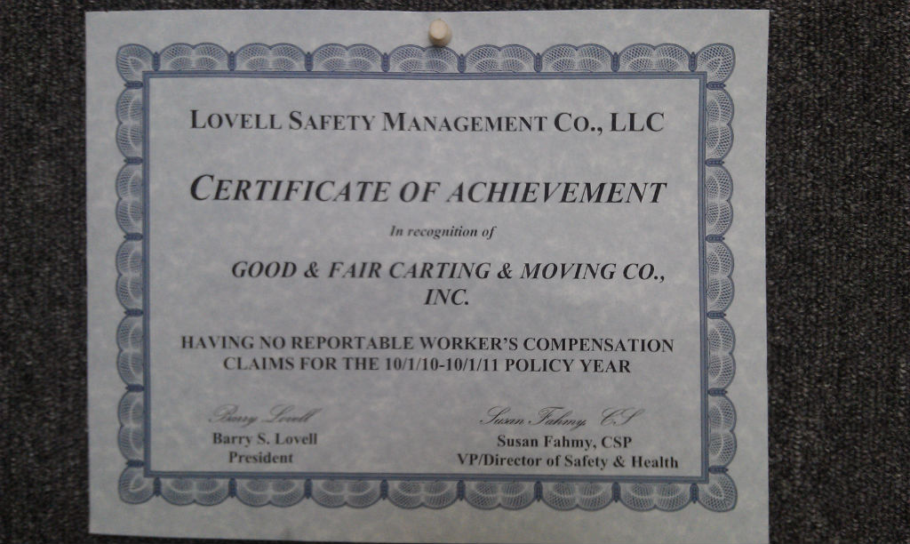 Certificate of Achievement from Lovell Safety Management 