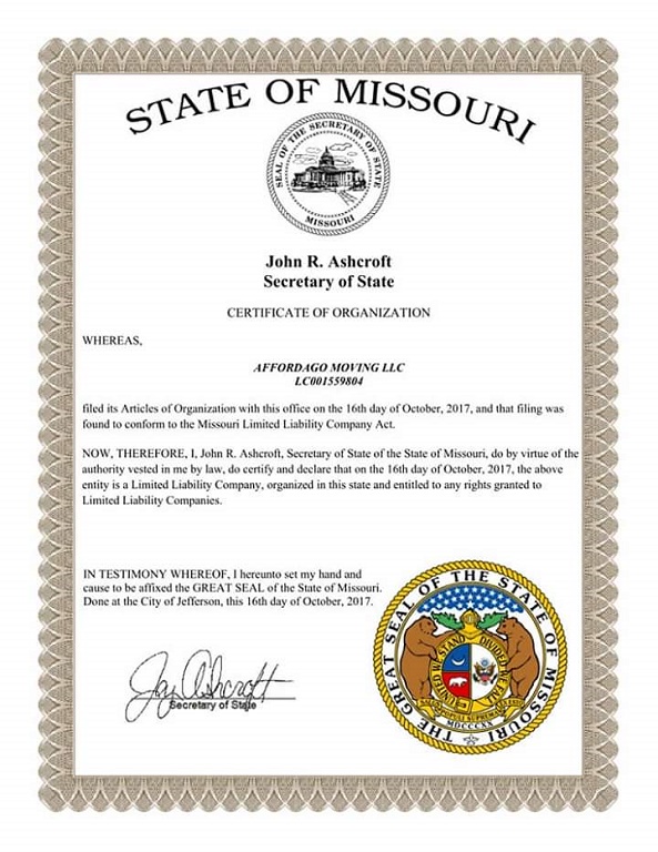 Certificate from State of Missouri