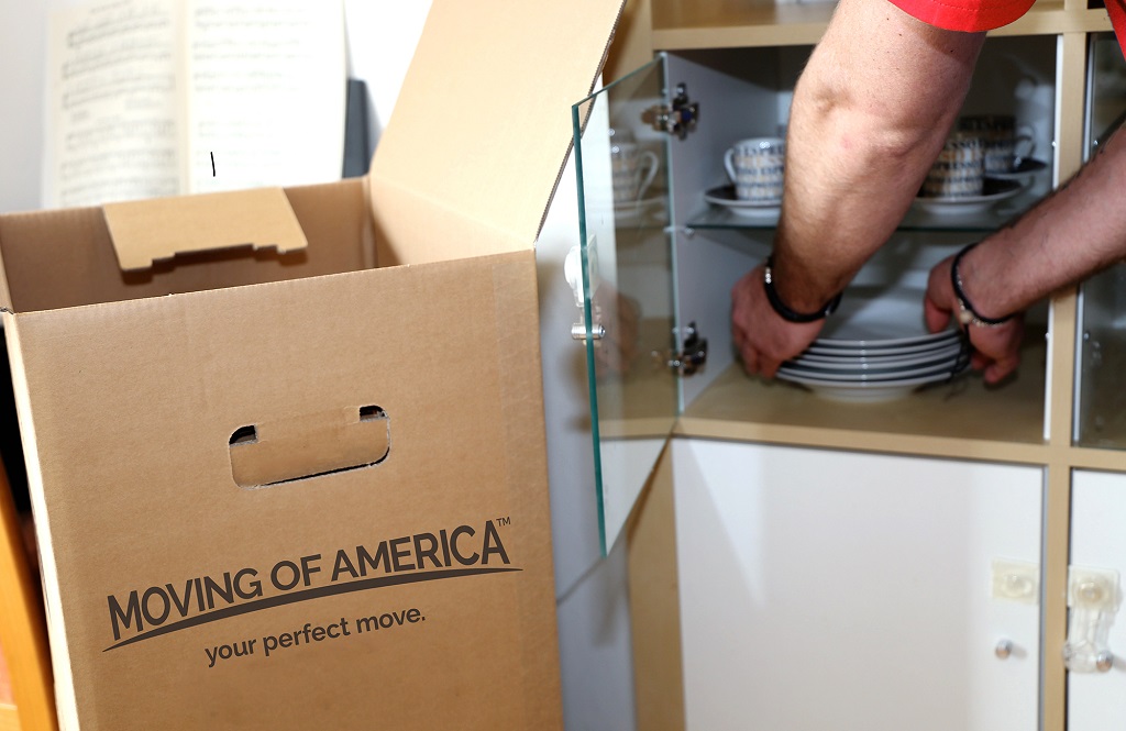 Unpacking Services Dishes in Cabinet