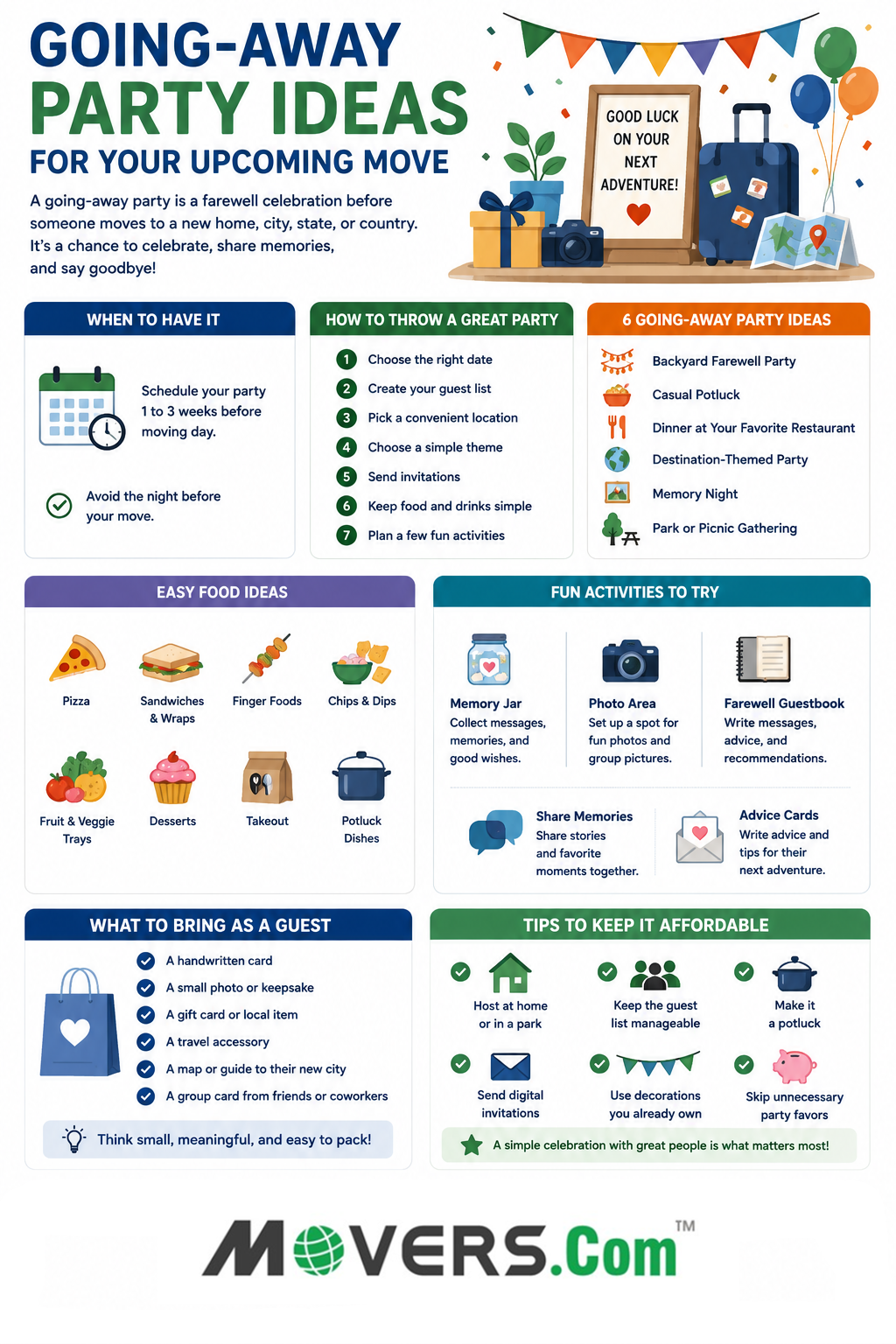 Infographic with going-away party ideas, including timing, planning tips, simple food, activities, guest gifts, and affordable celebration ideas.