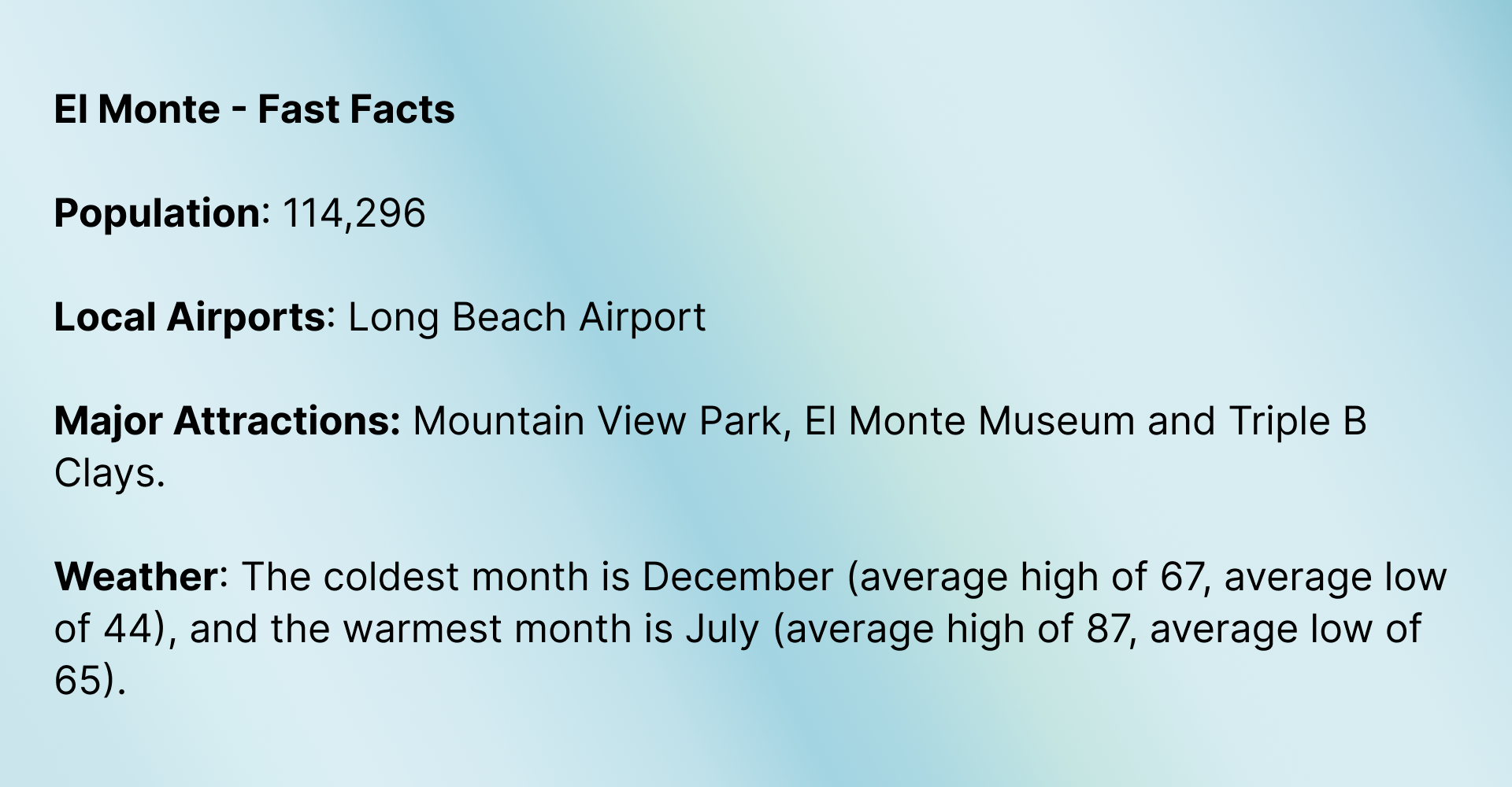 Fast Facts of EI Monte