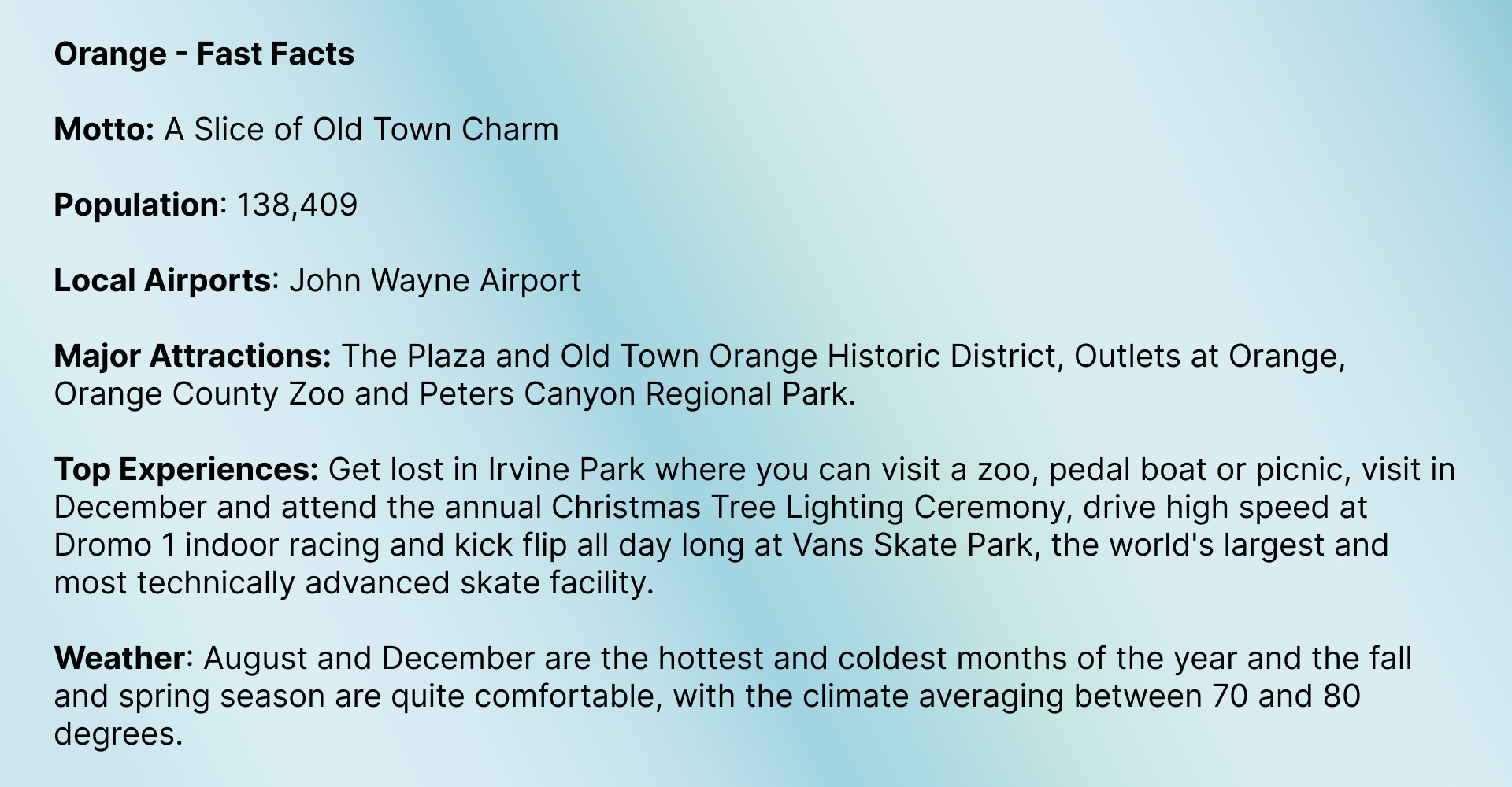 Fast Facts of Orange, CA