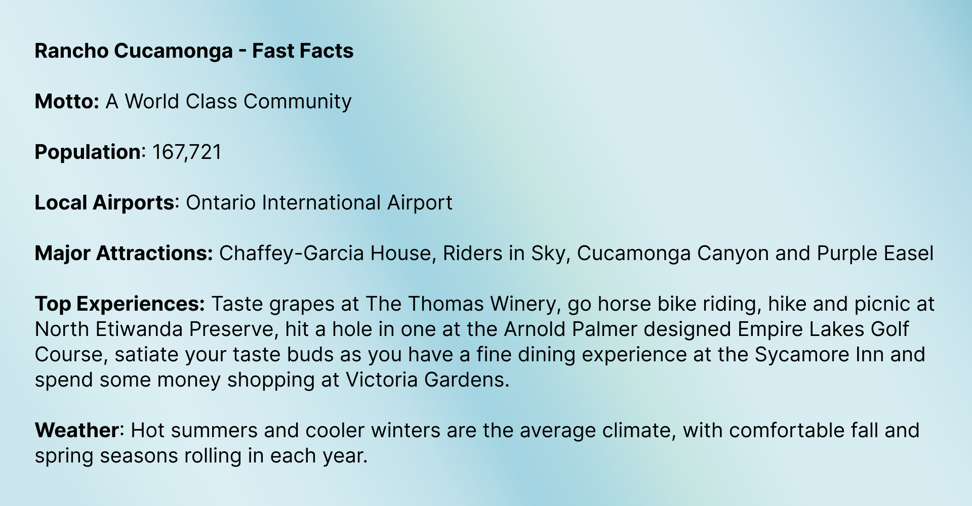 Fast Facts of Rancho Cucamonga, CA
