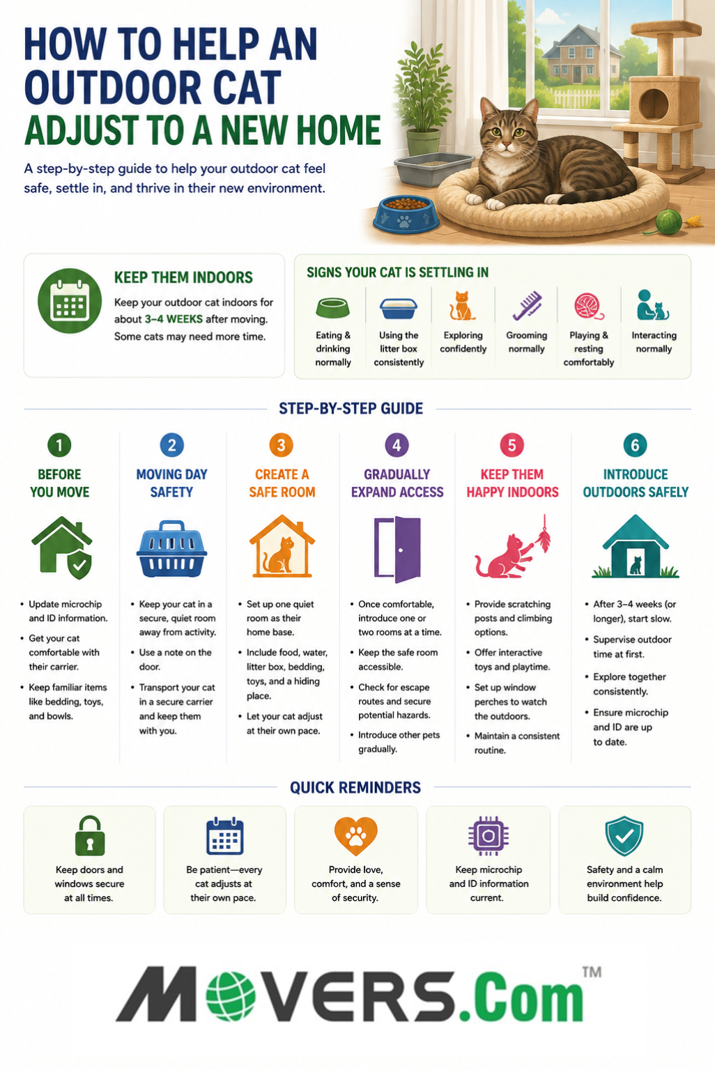 Infographic explaining how to help an outdoor cat adjust after moving, including a 3–4 week indoor period, settling signs, safe-room setup, enrichment, and gradual outdoor reintroduction