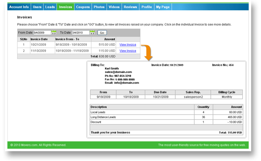 Invoice management interface