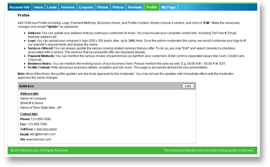 Company profile editing interface