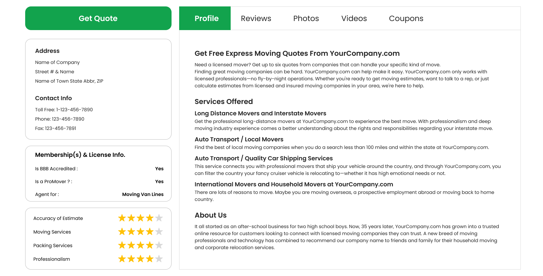 Company profile management dashboard